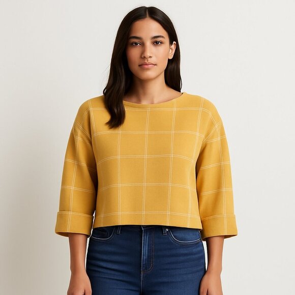 Tahari Yellow Windowpane Sweater Preppy Collegiate Style Academia Pullover - Picture 2 of 12